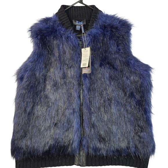 FDJ Faux Fur Vest XL Blue High Neck Full Zip Sleeveless Indie Vanguard New - Picture 1 of 9